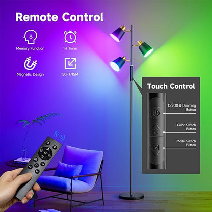 Upgraded RGB Tree Floor Lamp, 2500LM Super Bright Standing Lamp with 9 Dynamic Modes, 10 Color Temperatures, LED Floor Lamp with 3 Rotatable Lights, Modern Floor Lamps for Living Room Gaming Room