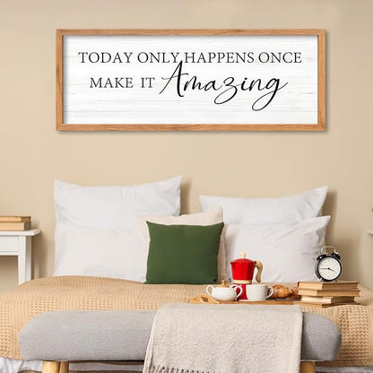 AuraPeak Today Only Happens Once Make It Amazing Inspirationa Quotes Wall Decor Frame Rustic Vintage Home Living Room Wall Art Hanging (Wood 40"×15")