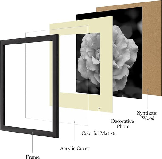 eletecpro 12x12 Picture Frames Set of 9 with Multi Colors Mats for 8x8 Photos or without Mat for 12x12, Square Gallery Wall Decor Collage for Picture Display, Black Frame Set for Wall Hanging