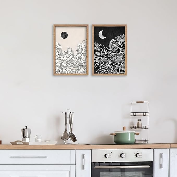 SRSZHIYUE Minimalist Black and White Sun Moon Abstract Sign Boho Wall Decor 24x16 Inch Small 2 Pieces Modern Artwork Painting Century for Bedroom Above Bed Living Room Wall Art HangIing(Wood)