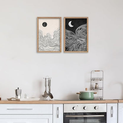 SRSZHIYUE Minimalist Black and White Sun Moon Abstract Sign Boho Wall Decor 24x16 Inch Small 2 Pieces Modern Artwork Painting Century for Bedroom Above Bed Living Room Wall Art HangIing(Wood)