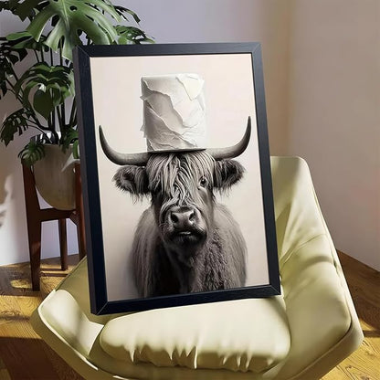 ARKZSHO Black and White Bathroom Wall Art, Funny Highland Cow Canvas Poster Print Picture, Modern Farmhouse Wall Decor Painting, Cute Animal Bathroom Restroom Home Decoration 16x24 Inch Wood Framed