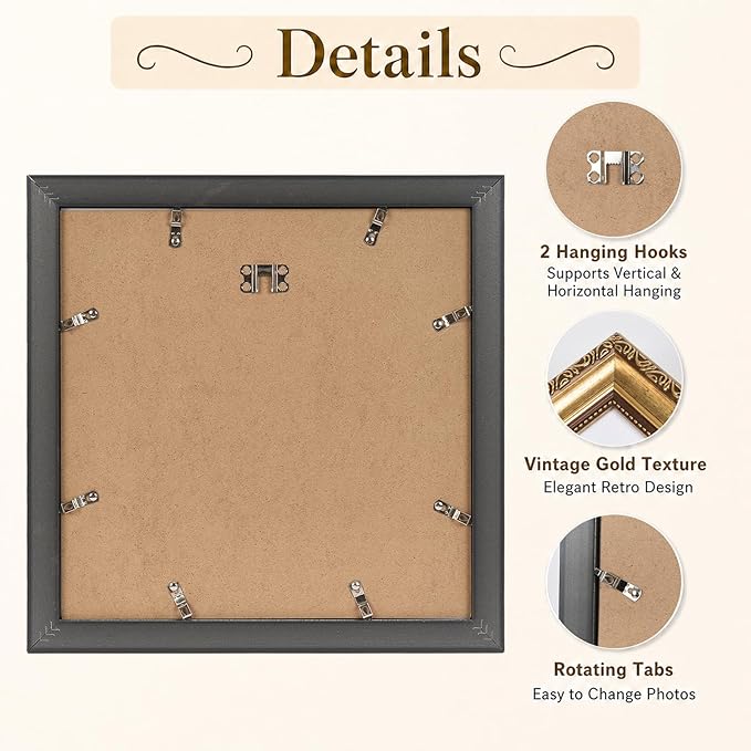 JCJMY 12x12 Vintage Picture Frame with 8x8 Mat Set of 4, Elegant Retro 12 by 12 Photo Frame with Shatter-Resistant Plexiglass for Wall Hanging, Gallery Decor & Gift, Gold, 4 Pack