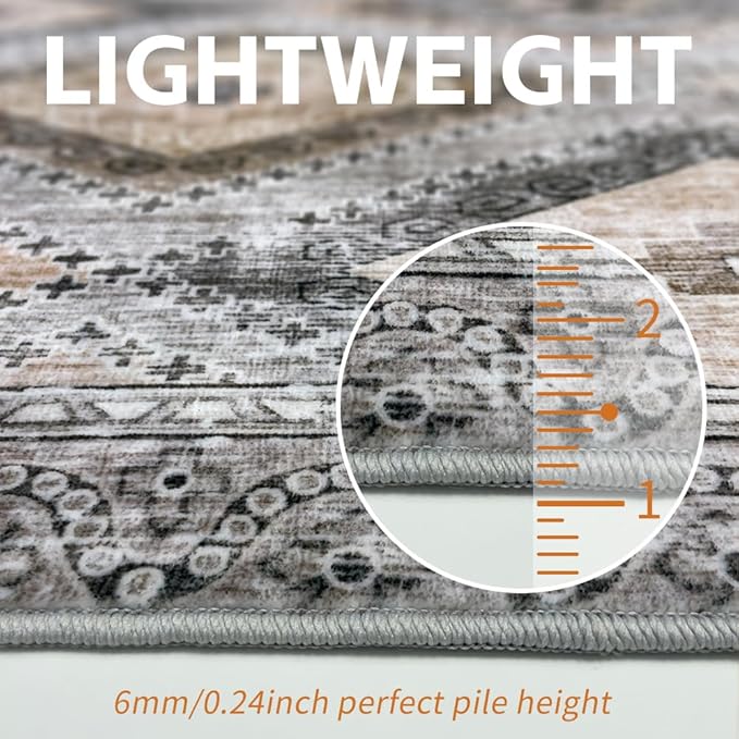 6x9 Area Rugs Light Brown Washable Rug for Living Room, Dining Room, Bedroom, Large Carpets, Non Slip & Non-Shedding Low Pile Vintage Print Rug for Home Office Decor