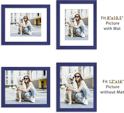 Picrit 12x16 Picture Frame Set of 12, Display 8.5x11 with Mat or 12x16 without Mat, Photo Frames for Wall Mounting Display, Navy Blue