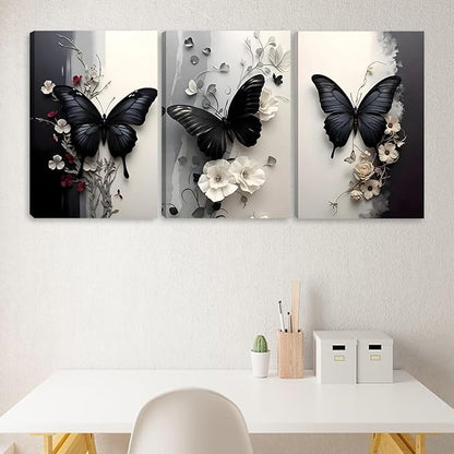 Pormipone 3 Pcs Black Butterfly Canvas Wall Art, White Flower Wall Decor, Butterfly Picture for Wall Living Room Bathroom Bedroom Home Decoration 16 * 24 in (Poster No Frame)