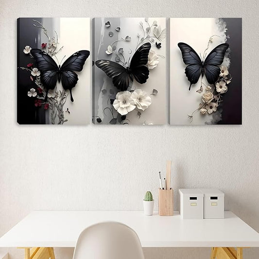 Pormipone 3 Pcs Black Butterfly Canvas Wall Art, White Flower Wall Decor, Butterfly Picture for Wall Living Room Bathroom Bedroom Home Decoration 12 * 18 in (Stretched Canvas on A Wooden Frame)