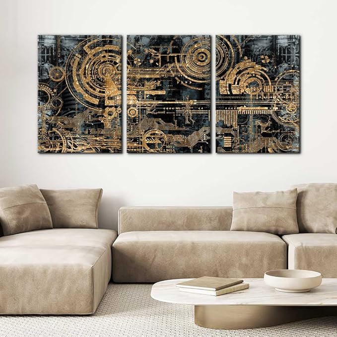Pacimo 3 Pieces Abstract Canvas Wall Decor Electronic PC Motherboard Circuit Collage Abstract Technology Digital Art Modern Artwork Alternative Urban Shapes Framed Wall Art - 20"x28"x3 Panels