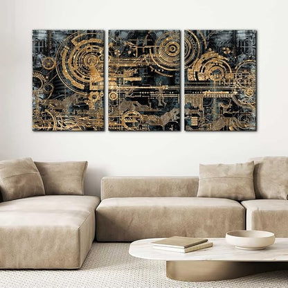 Pacimo 3 Pieces Abstract Canvas Wall Decor Electronic PC Motherboard Circuit Collage Abstract Technology Digital Art Modern Artwork Alternative Urban Shapes Framed Wall Art - 20"x28"x3 Panels