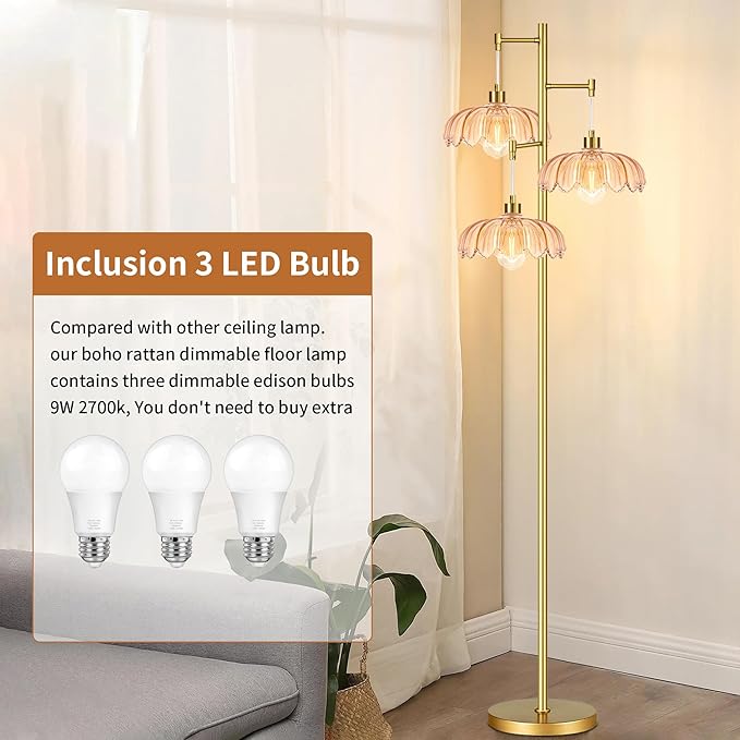 AHDWDW Gold Floor Lamp for Living Room Bedroom,Modern Floor Lamps with Unique Amber Glass Shades,68IN Mid Century Tall Flower Standing Lamp,Vintage 3 Lights Tree Floor Lamp for Corner Office Reading