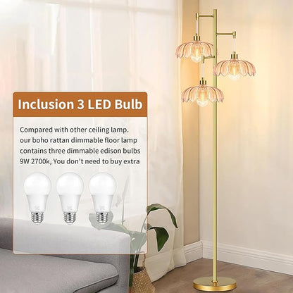 AHDWDW Gold Floor Lamp for Living Room Bedroom,Modern Floor Lamps with Unique Amber Glass Shades,68IN Mid Century Tall Flower Standing Lamp,Vintage 3 Lights Tree Floor Lamp for Corner Office Reading