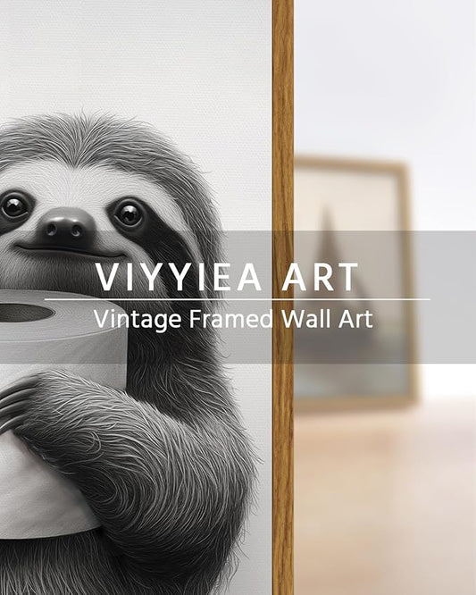 VIYYIEA Framed Canvas Wall Art Home Decor Sloth Wall Art Canvas Prints, Vintage Home Decoration, Animas Painting Picture, Bathroom Wall Decor Gifts for Friends or Family - 16L x 12W