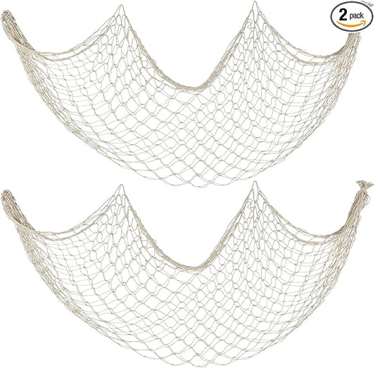 Decorative Fishing Net 2 Pack, 5x10 ft Large Beige Fish Net Decor for Wall, Photo Display, Nautical Mermaid Pirate Ocean Themed Beach Hawaii Under the Sea Party Decorations