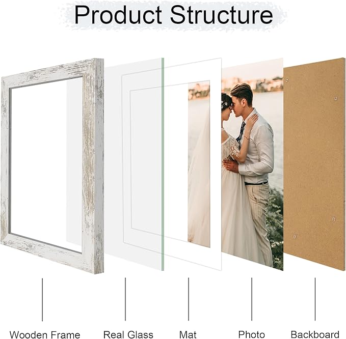 iRahmen 8x12 Picture Frame with Mat 6x8 - High Definition Real Glass Wooden Photo Frames for Tabletop Display and Wall Mounting (Distressed-White, Set of 2)