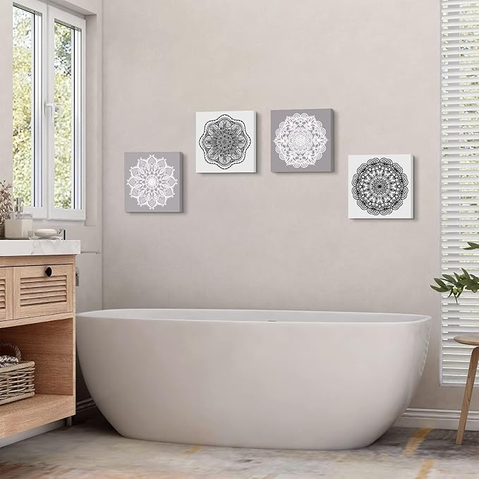 Mandala Wall Art Living Room Boho Wall Decor for Bedroom Mid Century Modern Picture Prints Abstract Lotus Flowers Canvas Paintings Grey White Minimalist Artwork Bathroom Home Decoration 12x12" 4PCs
