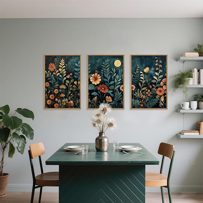 Vintage Dark Botanical Framed Canvas Wall Art Set, Colorful Floral Wall Decor, Nature Wildflower Wall Painting, Colorful Blossom Art Prints for Living Room, Bedroom, Office - 24"X36"X3