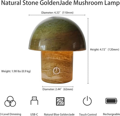 Natural Stone Mushroom Lamp - Jade Gemstone Night Light with LED, Touch Control 3 Brightness, USB Rechargeable Bedside Table Decor Gift