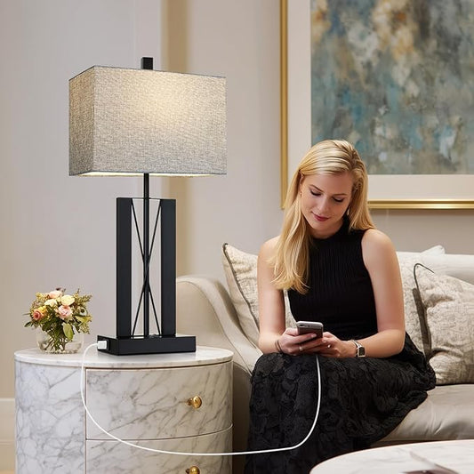 Lolikit 25" Table Lamps Set of 2, Modern Table Lamp for Living Room with 2 USB Charging Ports, Nightstand Geometric Industrial Bedside Lamp with Gray Shade for Bedrooms End Table Decor, Bulbs Included