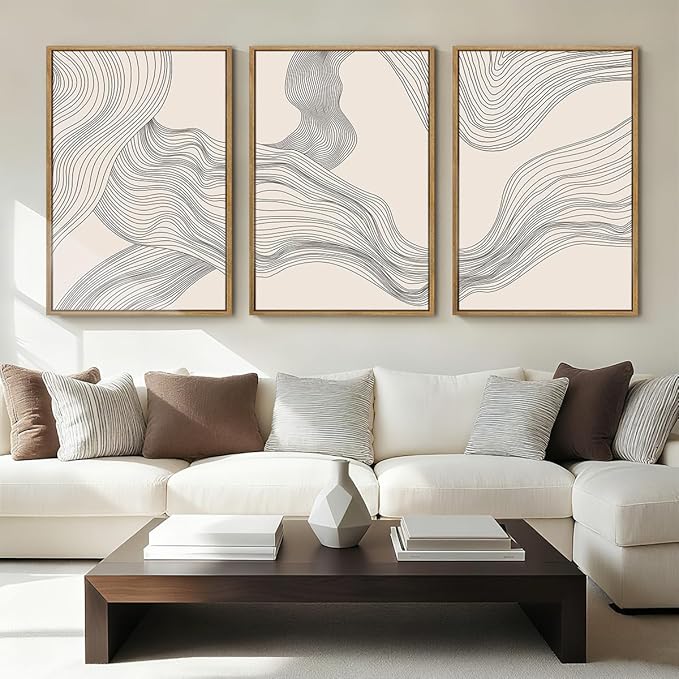 Beige Abstract Wall Art Framed Neutral Modern Canvas Wall Decor Minimalist Line Wave Painting16x24 Inch Pictures Set of 3 for Living Room Bedroom Dining Room