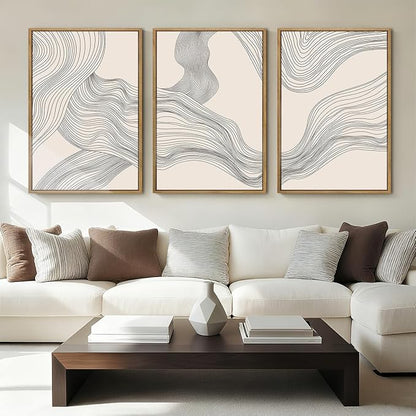 Beige Abstract Wall Art Framed Neutral Modern Canvas Wall Decor Minimalist Line Wave Painting16x24 Inch Pictures Set of 3 for Living Room Bedroom Dining Room