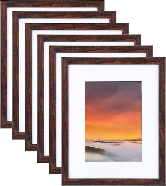 8X10 Brown Picture Frame Set of 6, Collage Wall Decor, Display Pictures 5x7 with Mat or 8x10 Without Mat for Tabletop Display and Wall Mounting