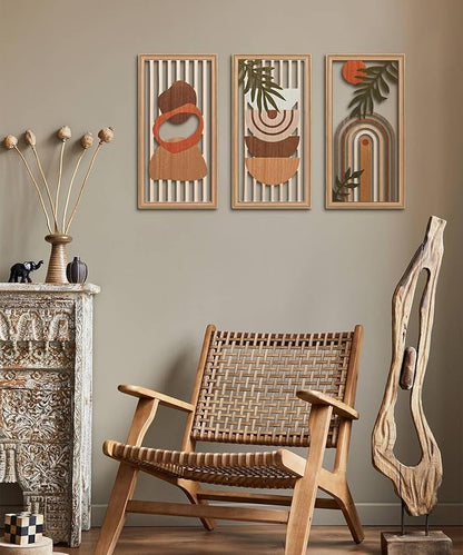 Putuo Decor Boho Wall Art Set of 3, Modern Minimalist Wooden Wall Decor, Abstract Aesthetic Room Decorations, Mid-Century Modern Artwork for Living Room, Bedroom, Office Orange 16.5 x 8.6 inch