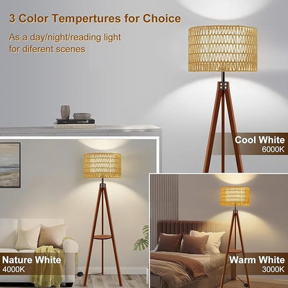 Vinaco Boho Tripod Floor Lamp with Shelf, Double Lampshades Mid-Century Standing Lamps, 3 Color Temperatures Wicker Floor Lamp, Foot Switch Rattan Tall Lamps for Bedroom, Living Room, Office