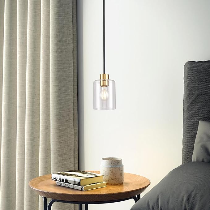 Modern 3 Pack Black Gold Pendant Lights for Kitchen Island, Brushed Brass Modern Hanging Light with Clear Glass Shade, Adjustable Metal Rod Pendant Lighting for Dining Room, Living Room, Bar, Entryway