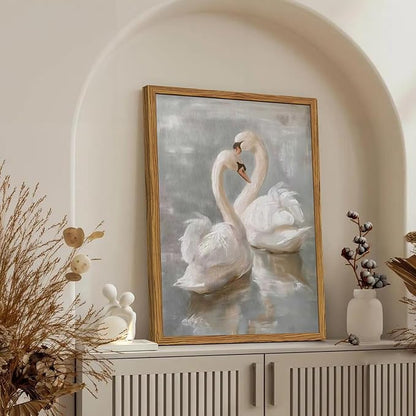 Framed Vintage Swan Canvas Wall Art, Romantic White Swan Paintings Wall Decor, Rustic Animal Pictures Prints Farmhouse Home Decor for Living Room Bedroom 16x24 inch