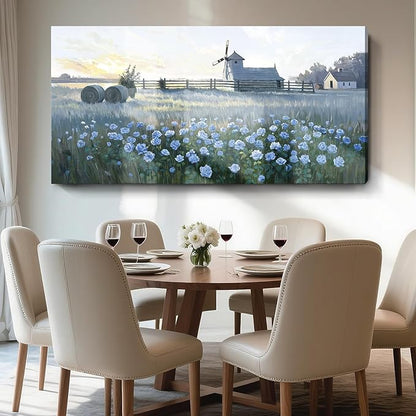 Large Framed Rustic Farmhouse Wall Art, Blue Flower Field Windmill Landscape Canvas Print, Modern Nature Country Decor Painting For Living Room Bedroom Bathroom Home Office, Ready To Hang 48X24 Inch