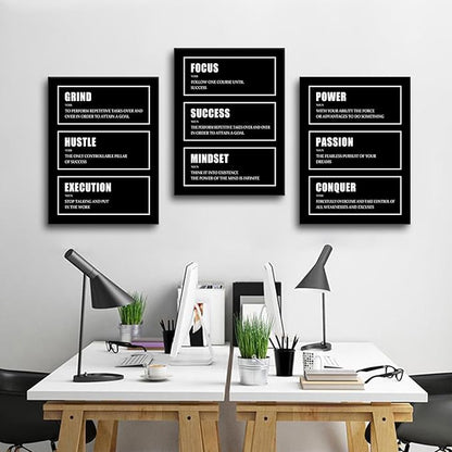Hustle Success Passion Motivational Canvas Wall Art 3 Pieces Inspirational Painting Prints Entrepreneur Quotes Grind Posters Prints Black Wall Decor for Office Bedroom Workplace Framed [36''W X 16''H]