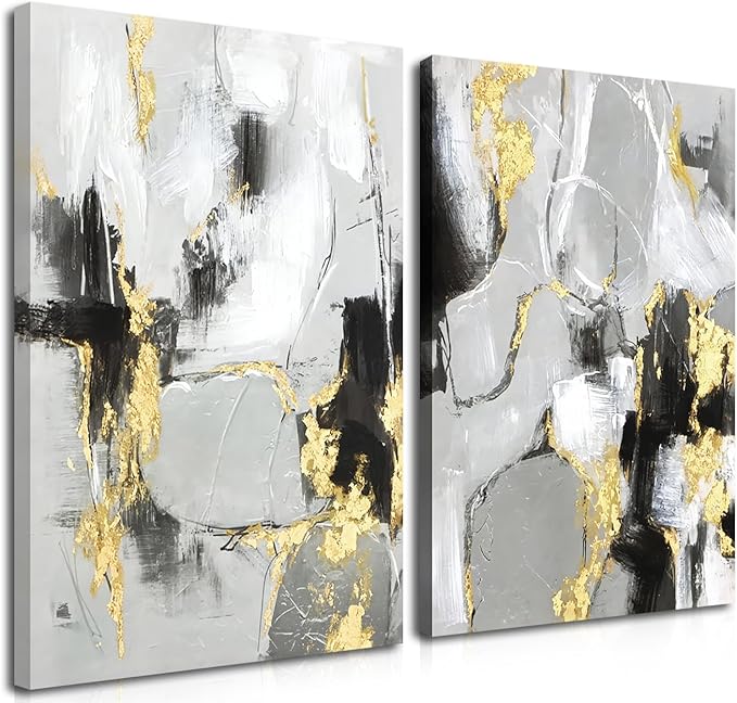 Framed Abstract Black Gold Wall Art Set of 2, Modern Black White Gold Canvas Prints Poster Picture for Living Room, Bedroom and Office Wall Decor 16 x 24 Inch