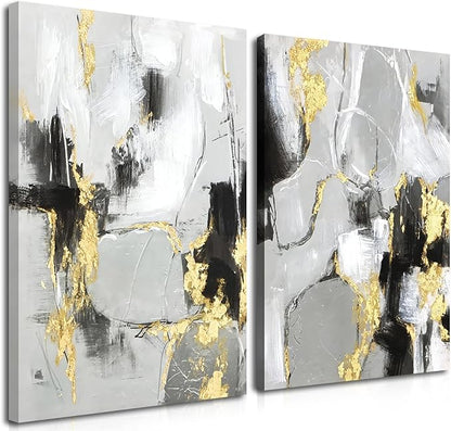 Framed Abstract Black Gold Wall Art Set of 2, Modern Black White Gold Canvas Prints Poster Picture for Living Room, Bedroom and Office Wall Decor 16 x 24 Inch
