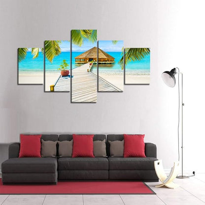 Landscape Beach Palm Tree House Scene of Sea Picture Modern Painting on Canvas 5 Panels Framed Wall Art for Living Room Bedroom Home Decor Gallery Wrap Giclee Print (60’’W x 40’’H)
