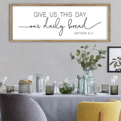 FZMHASLWW Dining Room Wall Decor Bible Verse Give Us This Day Our Daily Bread Christian Sign Plaque 32"×12" Matthew 6:11 for Farmhouse Kitchen Large Rustic Vintage Horizontal Wall Hanging Art (Wood)