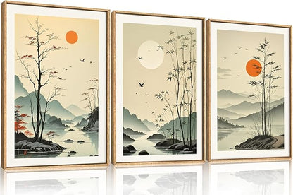 Chinoiserie Bamboo Forest Framed Canvas Wall Art Set, Nature Tree Lakes Wall Decor, Minimalist Zen Landscape Wall Painting, Watercolor Art Prints for Living Room, Bedroom, Office 24"X36"X3