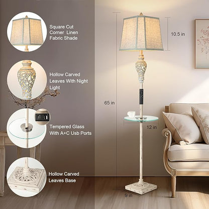 LuxSight Collection Rustic Floor Lamp, Living Room Lamps with Glass Tray, stepless diming Floor Lamp with Remote Control and USB A&C Charging Ports for Living Room Bedroom Office Smart Bulbs Included