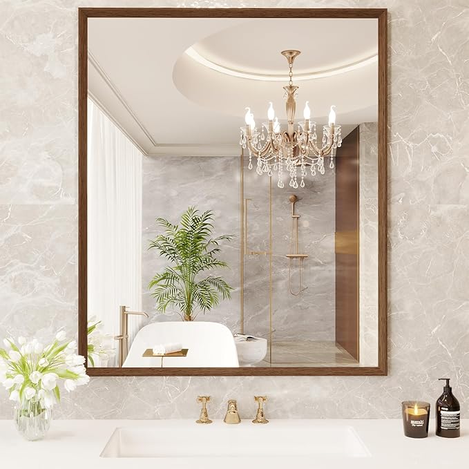 JISOSO Rectangle Bathroom Mirror 30x36 Inch, Walnut Wood Grain Framed, Anti-Rust & 4mm Tempered Glass, Horizontal/Vertical Hanging Vanity Mirror for Bathroom & Bedroom