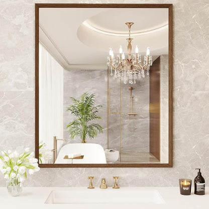 JISOSO Rectangle Bathroom Mirror 30x36 Inch, Walnut Wood Grain Framed, Anti-Rust & 4mm Tempered Glass, Horizontal/Vertical Hanging Vanity Mirror for Bathroom & Bedroom
