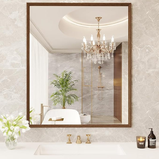 JISOSO Rectangle Bathroom Mirror 30x36 Inch, Walnut Wood Grain Framed, Anti-Rust & 4mm Tempered Glass, Horizontal/Vertical Hanging Vanity Mirror for Bathroom & Bedroom