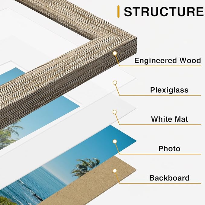 Vittanly 11x14 Picture Frames Set of 9, Display 8x10 Pictures with Mat or 11x14 without Mat, Photo Frames for Wall or Tabletop with Plexiglass, Engineered Wood, Light Wood