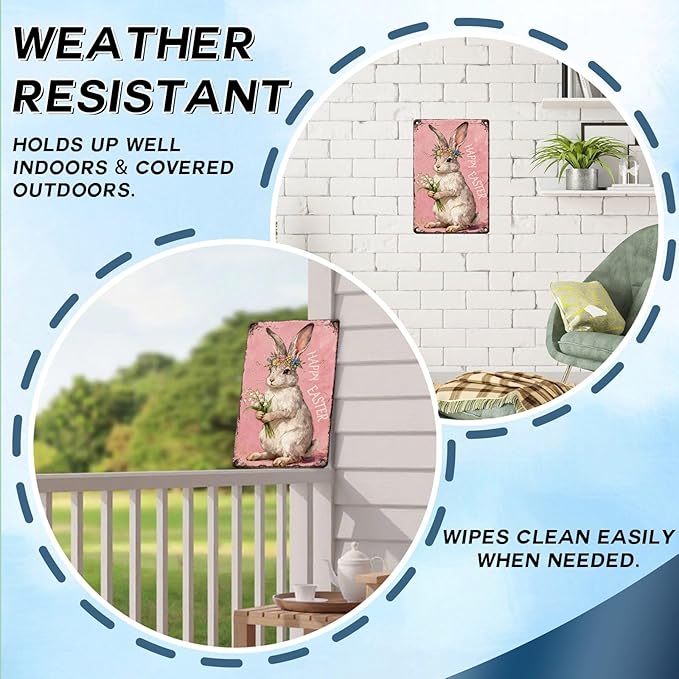 Happy Easter Bunny Metal Sign Pink Background Design Rustic Farmhouse Wall Art For Home Kitchen Garden Spring Decor 8x12Inch