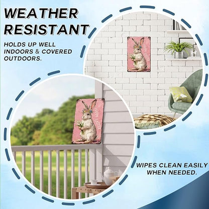 Happy Easter Bunny Metal Sign Pink Background Design Rustic Farmhouse Wall Art For Home Kitchen Garden Spring Decor 8x12Inch