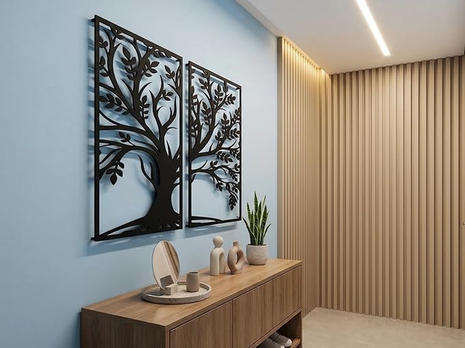 VAILLA Tree of Life Wood Wall Art Decor Set of 2 Wall Hanging Sculpture Modern Wall Home Decoration 3D Textured Sculptures for Living Room Bedroom Office Dinnig Room 2 Panels Family Tree Wall Hangings