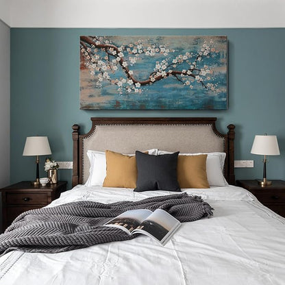 Large Canvas Wall Art for Living Room- 100% Hand-Painted Oil Painting with Texture, Extra Large Gallery Wrapped Floral Plum Blossom Tree Artwork Blue Teal Lake Wall Picture for Bedroom, Office Decor