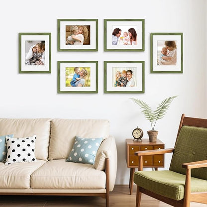 Picrit 11x14 Picture Frame Set of 12, Display 8x10 with Mat or 11x14 without Mat, Photo Frames for Wall Mounting or Table Top Display, Green Wood Grain