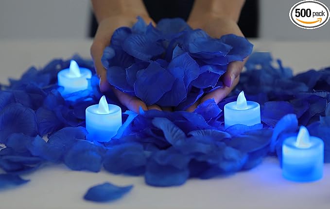 LANKER 500 PCS Blue Artificial Rose Petals with 24 PCS Bright Flickering Blue Flameless LED Tea Lights Candles (Blue Lights with Blue Rose Petals)