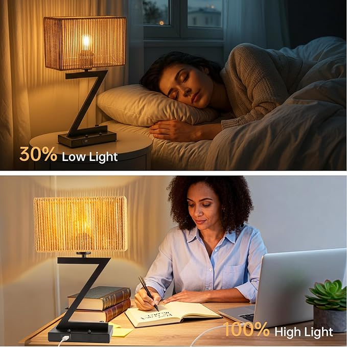 Touch Control Table Lamp, Black Z-Style : 3-Way Dimmable Desk Lamp with USB C & USB A Ports, Bedside Lamp with Phone Stand for Office, Bedroom, Living Room, Includes LED Bulb