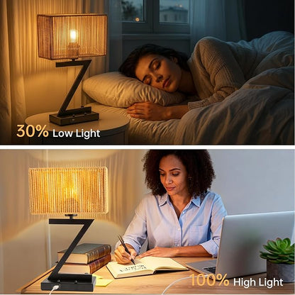Touch Control Table Lamp, Black Z-Style : 3-Way Dimmable Desk Lamp with USB C & USB A Ports, Bedside Lamp with Phone Stand for Office, Bedroom, Living Room, Includes LED Bulb