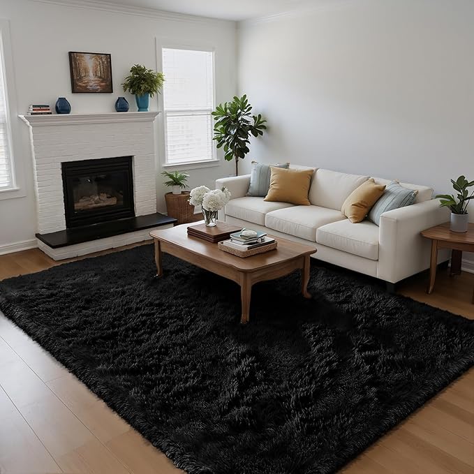 yongyangjuxin Fluffy Rug Shag Area Rug, Black 6x9 Area Rugs for Living Room, Large Shag Area Rugs for Bedroom Kids Room Home Decor, Upgrade Anti-Skid Rectangular Fuzzy Rugs